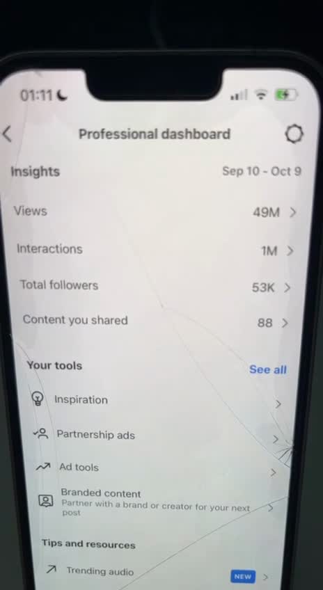 Original Instagram dashboard: Sep 10 to Oct 9, 49M views, 1M interactions, 53K total followers, 88 content shared.